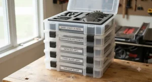 Stackable plastic containers used for compact and labeled table saw blade storage.