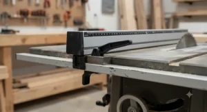 Detail shot of a standard factory table saw fence locking mechanism on an entry-level saw.