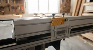 Aluminum T-slot extrusion on the side of a hybrid table saw fence used for mounting featherboards and jigs.