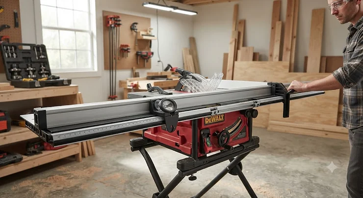A complete t-square fence for jobsite table saws installed on a portable contractor saw in a workshop.