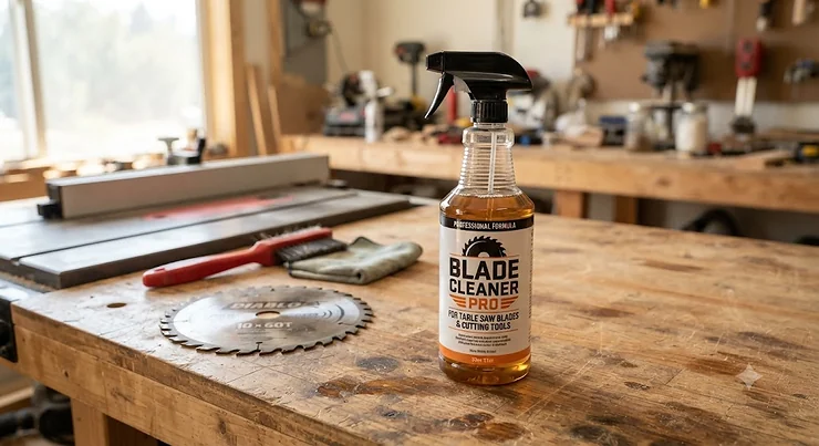 A bottle of professional-grade table saw blade cleaner sitting on a workshop workbench.