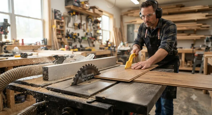 A high-quality carbide-tipped table saw blade for laminate cutting on a workbench.