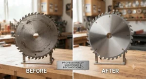 Side-by-side comparison showing a dull blade before and a sharp blade after a table saw blade sharpening service.
