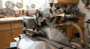 Close-up view of specialized machinery performing a table saw blade sharpening service.
