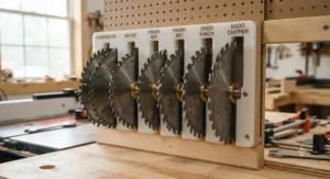 Close-up of circular saw blades held securely in a shop storage system to prevent damage.