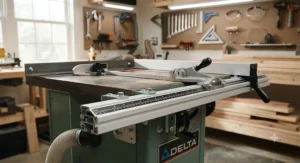 View of the mounting hardware and guide rails for an affordable table saw fence upgrade.