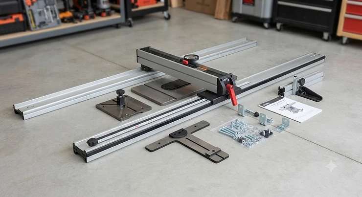 Complete table saw fence upgrade kit for cabinet saws displayed with guide rails and precision measuring tape