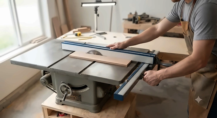 A woodworker aligning a precision aftermarket rip fence on a cast-iron contractor table saw. aftermarket fence for contractor table saws