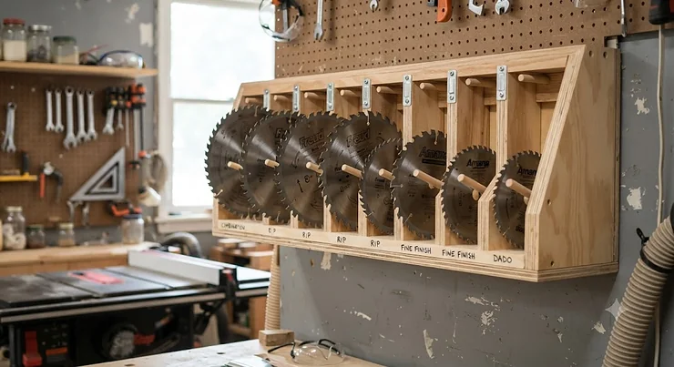 A wooden wall-mounted rack organizing multiple table saw blades in a home workshop.