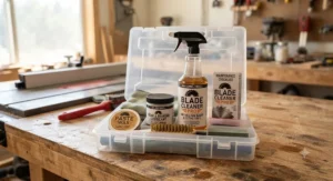 A complete woodworking maintenance kit including a specialized table saw blade cleaner.