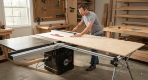 Using adjustable fence extension rails to support large boards during precise table saw rip cuts