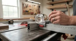 Calibrating the hairline magnifying cursor scale on a budget aftermarket fence for hobbyist woodworkers for repeatable accuracy.