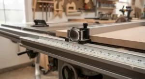 Close-up view of a precision measuring scale on an aftermarket fence system designed for small woodworking shops.