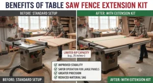 Graphic comparison showing increased cutting capacity on a table saw before and after adding a fence extension rail kit for large panels.