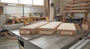 Various materials like MDF and plywood used to build a sacrificial fence for dado blade setups