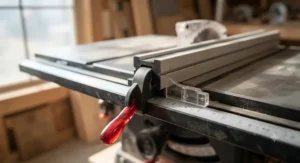 Close-up of the Cam-lock handle and T-square rail system on a budget aftermarket fence for hobbyist woodworkers ensuring square cuts.
