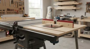 A budget aftermarket fence for hobbyist woodworkers configured with an integrated router table extension wing.