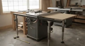 Accessory kit featuring fence extension supports attached to a cabinet saw