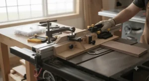 Cabinet saw fence accessory kit being used to align a custom wood jig