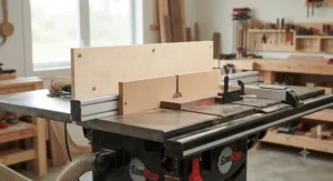 Workshop table saw equipped with a custom fence setup for precision woodworking
