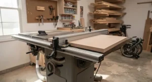 A compact table saw fence upgrade optimized for tight garage workshops and space-saving woodworking setups.