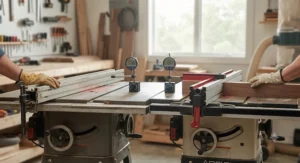 Side-by-side comparison showing the rigidity and upgrade benefits of a budget aftermarket fence for hobbyist woodworkers over stock guides.