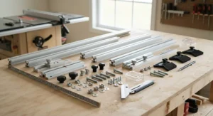 Various aluminum t-track fence components and hardware laid out for a custom table saw jig project.