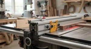 Full custom woodworking fence system featuring integrated t-tracks for versatile accessory mounting