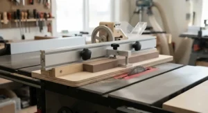 A specialized tenoning jig for table saws featuring a heavy-duty t-track fence system for material clamping.