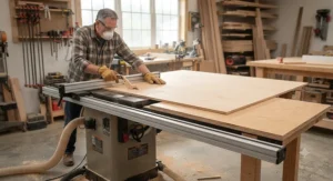 Woodworker using a table saw fence extension rail kit to rip a full sheet of plywood safely in a home workshop.
