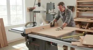 Woodworker measuring and cutting an MDF board to size to create a custom sacrificial fence for a table saw.