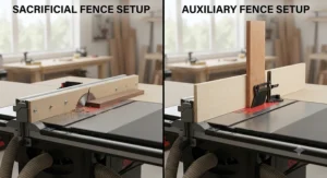 Side by side diagram showing the difference between a sacrificial fence and an auxiliary fence