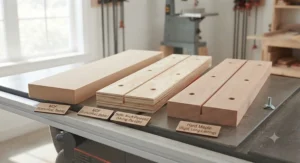 Comparison of MDF, plywood, and hardwood materials commonly used for building table saw sacrificial fences.