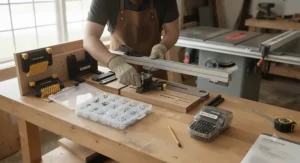 Woodworker organizing cabinet saw fence accessory kit components on a workbench