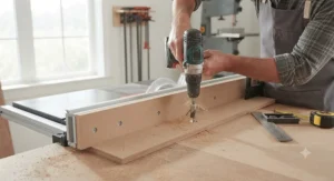 Drilling and countersinking screw holes into a wooden sacrificial fence board for secure table saw mounting.