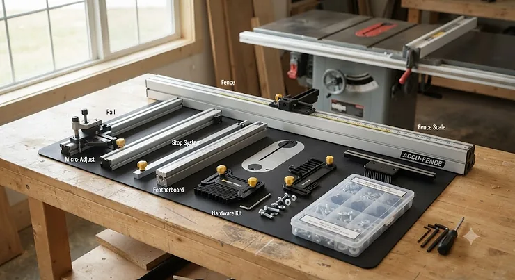 Complete fence accessory kit laid out for professional cabinet saw setup. fence accessory kit for cabinet saw owners