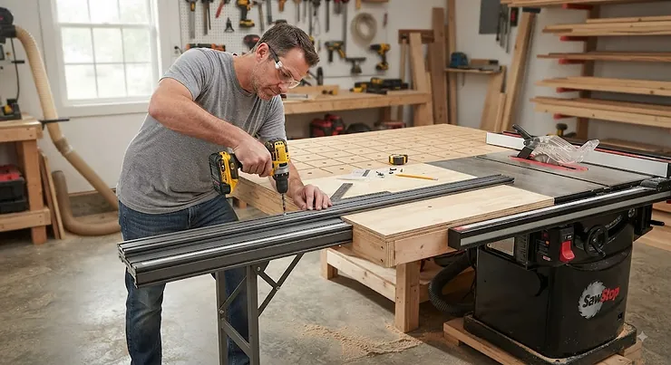 Installing adjustable fence extension rails on a DIY woodworking outfeed table fence extension rails for outfeed table support