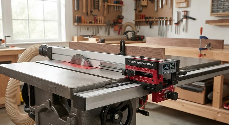 Fence micro adjuster for precision cuts installed on a table saw for exact measurements