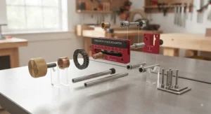 Exploded view of components included with the fence micro adjuster for precision cuts