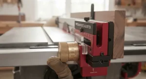 Demonstrating fractional adjustments using the fence micro adjuster for precision cuts