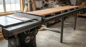 Close-up of heavy-duty steel fence extension rails providing support for long workpieces