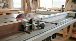 A heavy-duty adjustable t-track stop block attached to a table saw fence system