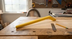 High visibility yellow woodworking push stick resting on a workbench surface.