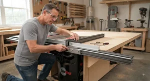 A woodworking craftsman aligning fence extension rails to ensure a smooth, level outfeed table surface