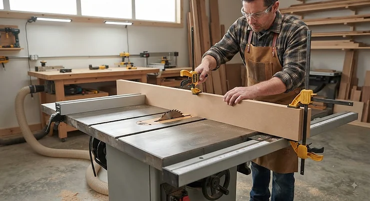 Woodworker attaching a sacrificial fence to a table saw fence for a dado blade setup