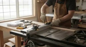 Woodworker installing an accessory kit onto a table saw fence system