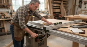 Handyman aligning and tightening a table saw fence extension rail kit to the main saw table for increased rip capacity.