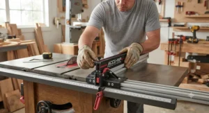 Woodworker carefully aligning a precision fence upgrade for accurate rip cuts during table saw assembly.