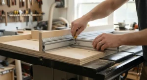 Woodworker installing an anodized t-track fence system onto a handmade cross-cut table saw sled.