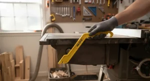 Magnetic push stick for easy workshop storage on the side of a metal table saw.